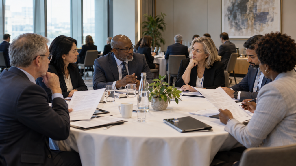Healthcare executives holding a focused roundtable discussion