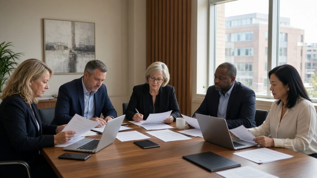 Healthcare executives reviewing briefing packets around a conference table in a sunlit hospital meeting room