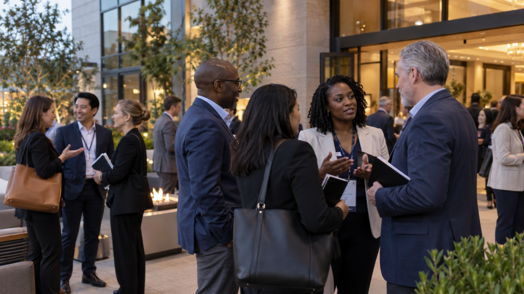 Healthcare executives having strategic conversations at a professional event
